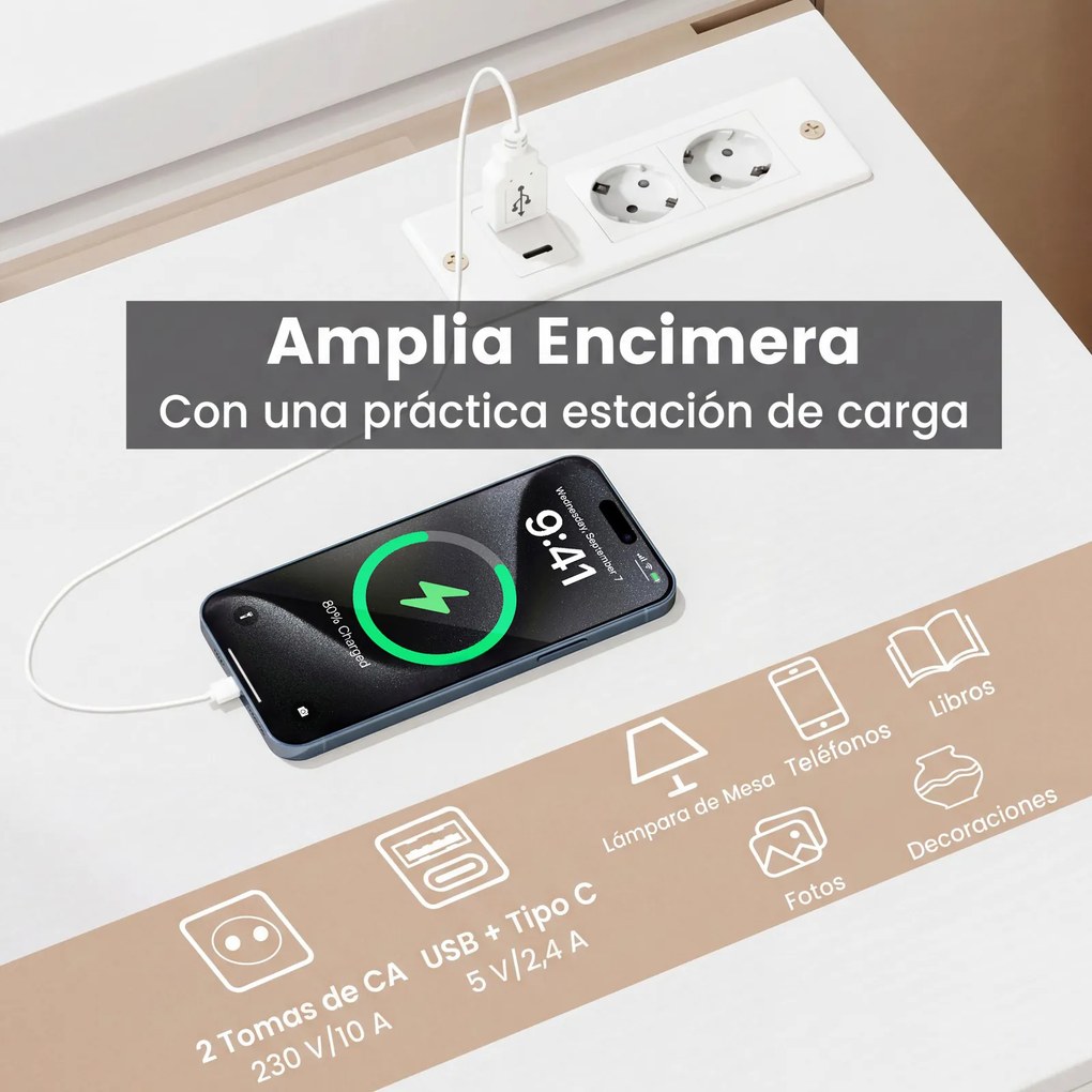Mesa de cabeceira com base de carregamento 38 x 35 x 66 cm, 3 gavetas, porta USB, moderna, para sala ou quarto, branca