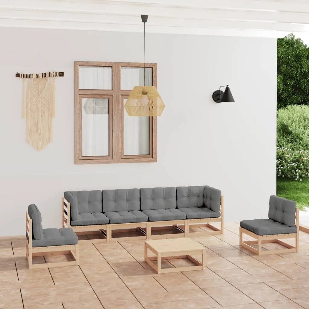 vidaXL 7 pcs conjunto lounge de jardim c/ almofadões pinho maciço