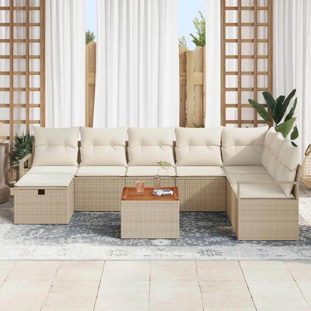 Conjunto de Sofá de Jardim de 9 Peças com Almofadas Bege de Vime PE, S