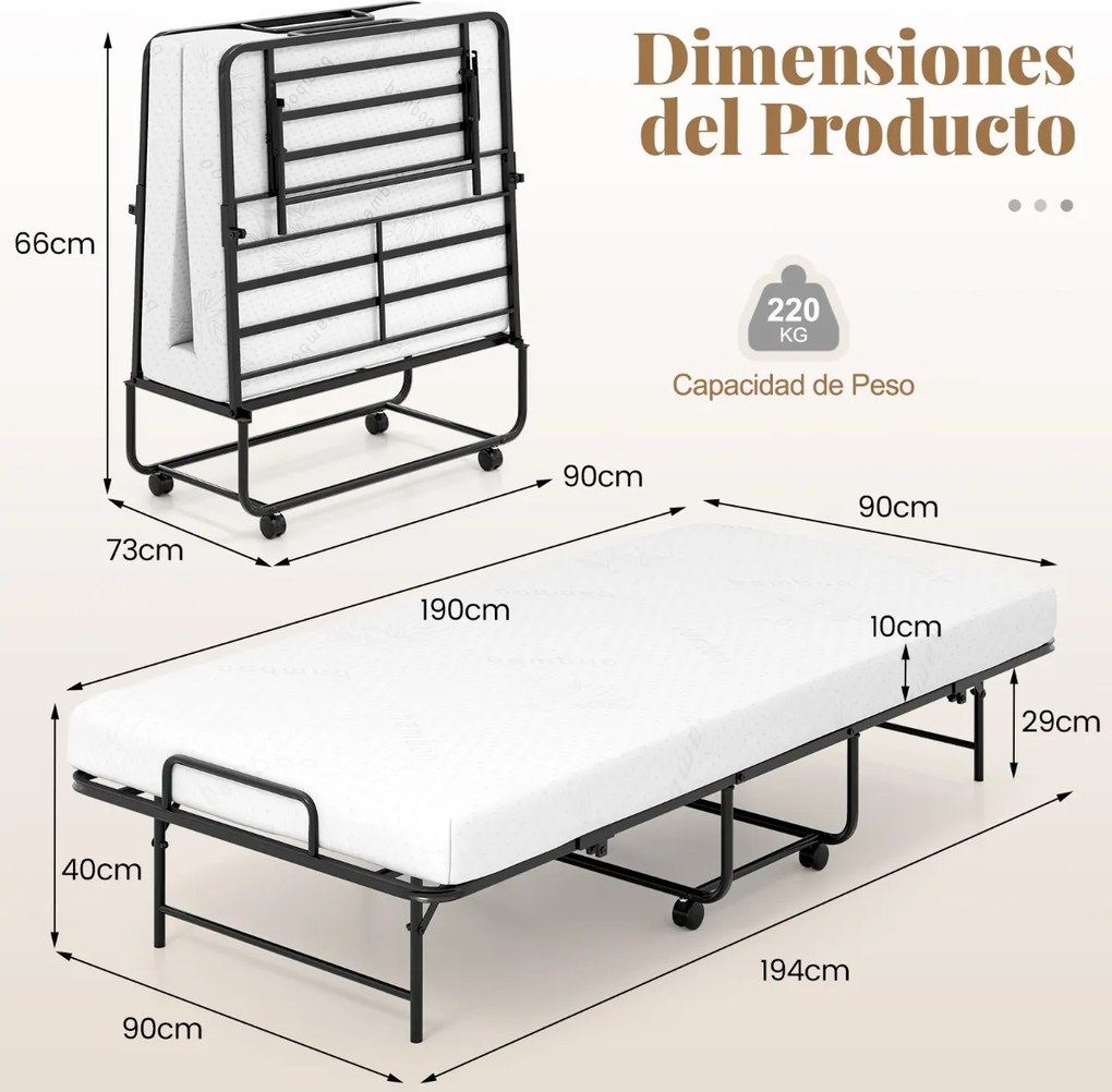 Cama portátil dobrável com colchão Estrutura metálica Rodas com fecho 194 x 90 x 40cm Branco