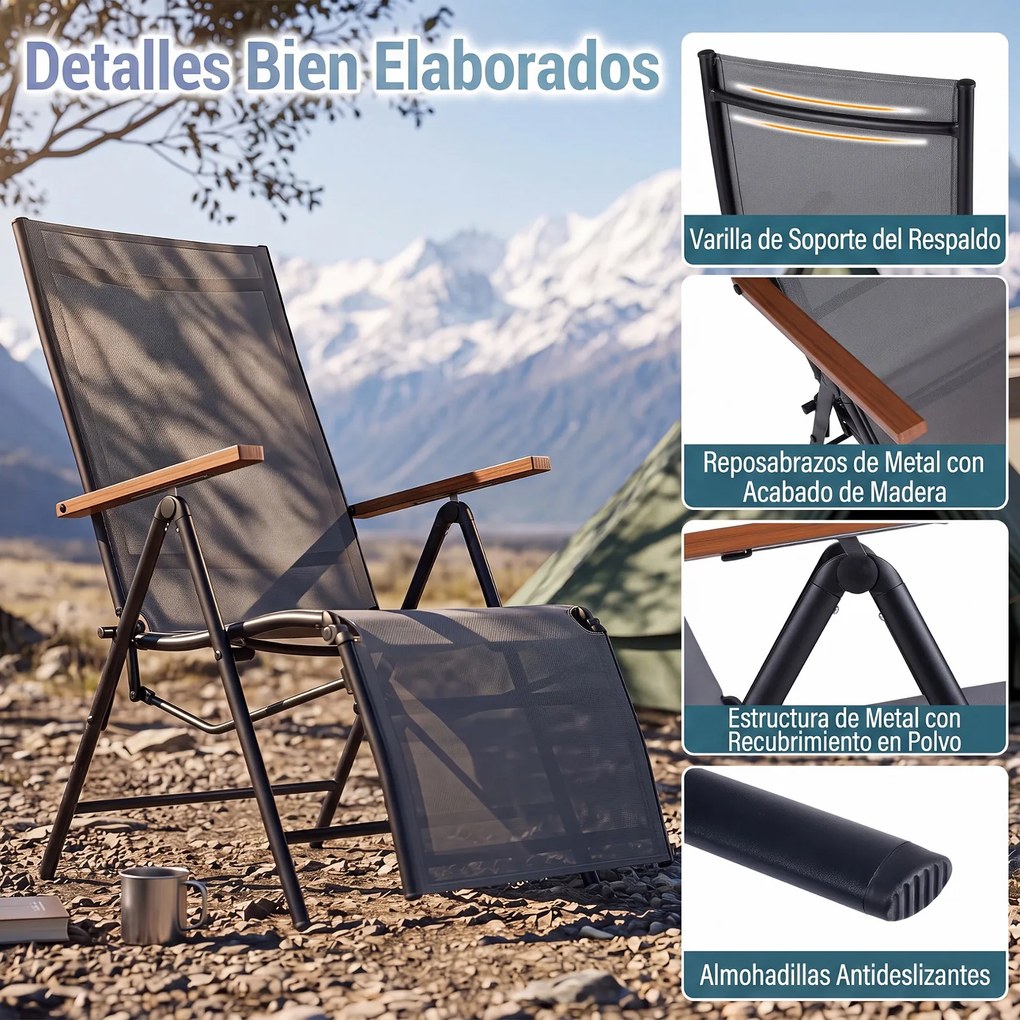 Conjunto de 2 Espreguiçadeiras Dobráveis (MESA NÃO INCLUIDA), 57 x 72-138 x 91-110 cm, Encosto Ajustável em 5 Posições, Cinzento