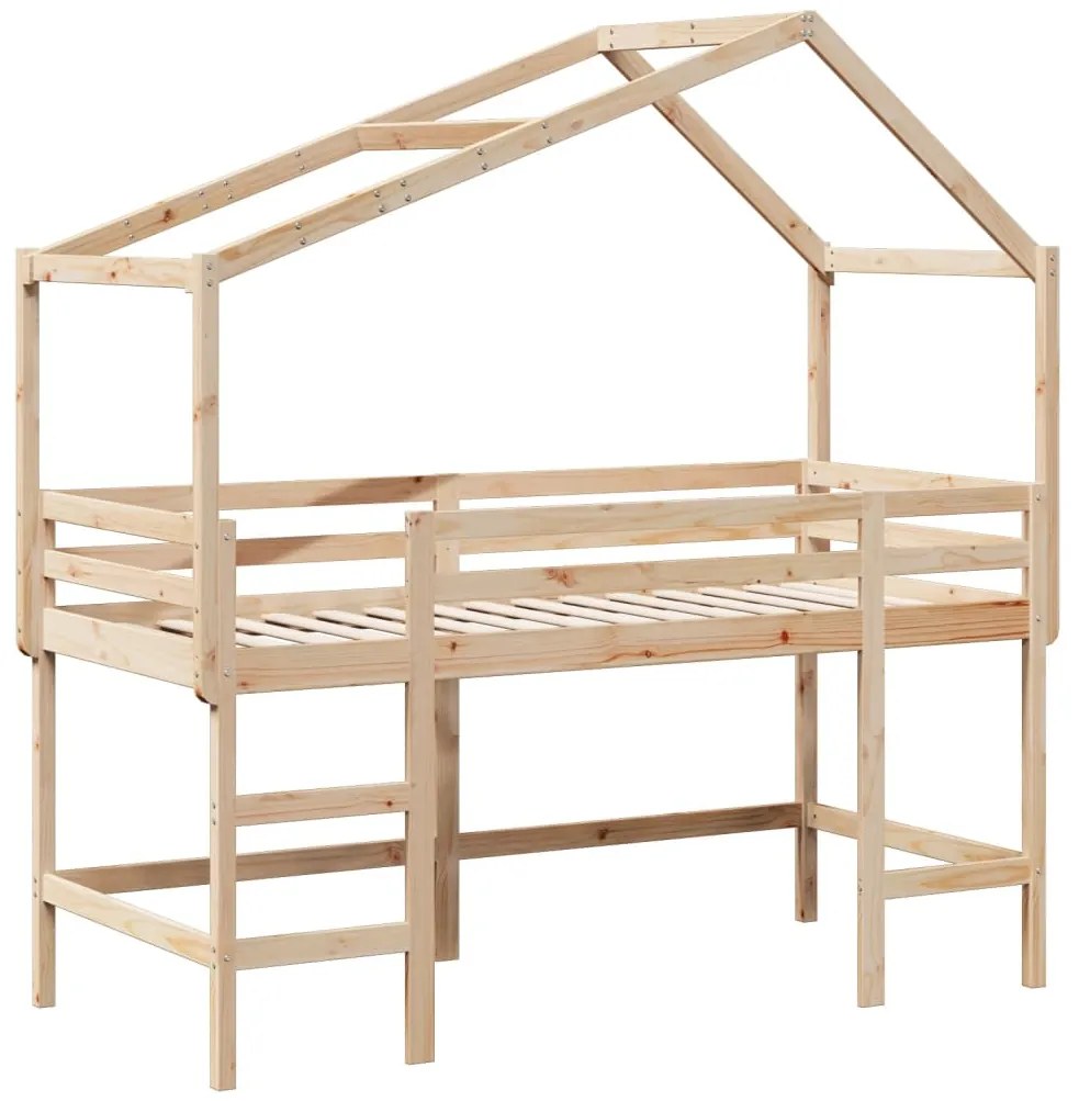 Cama alta c/ escada e telhado 90x190 cm pinho maciço