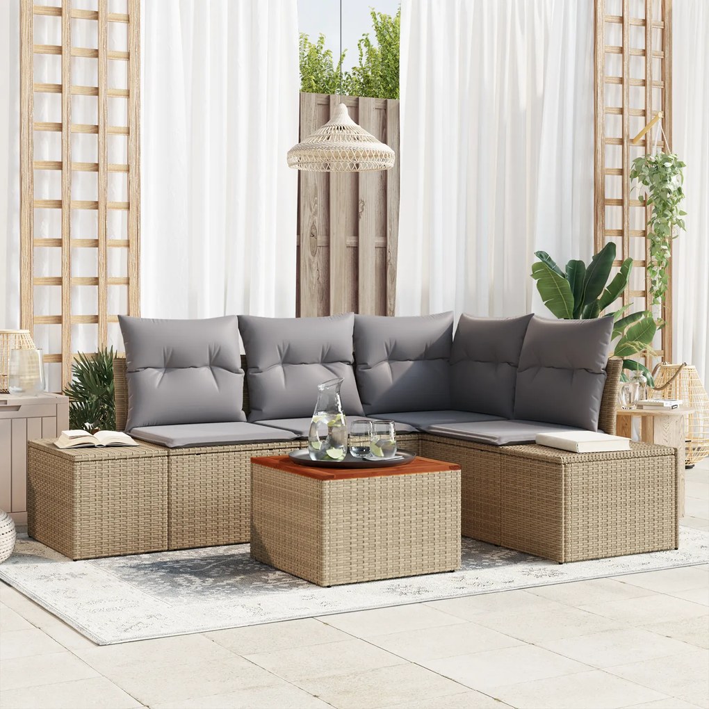Conjunto de Sofá de Jardim de 5 Peças com Almofadas Bege Polirratan Ac