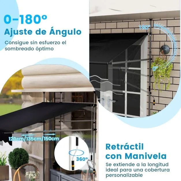 Toldo retrátil manual 2 m x 3 m Toldo exterior com altura ajustável Manivela e sem perfuração para janela Porta Terraço Preto