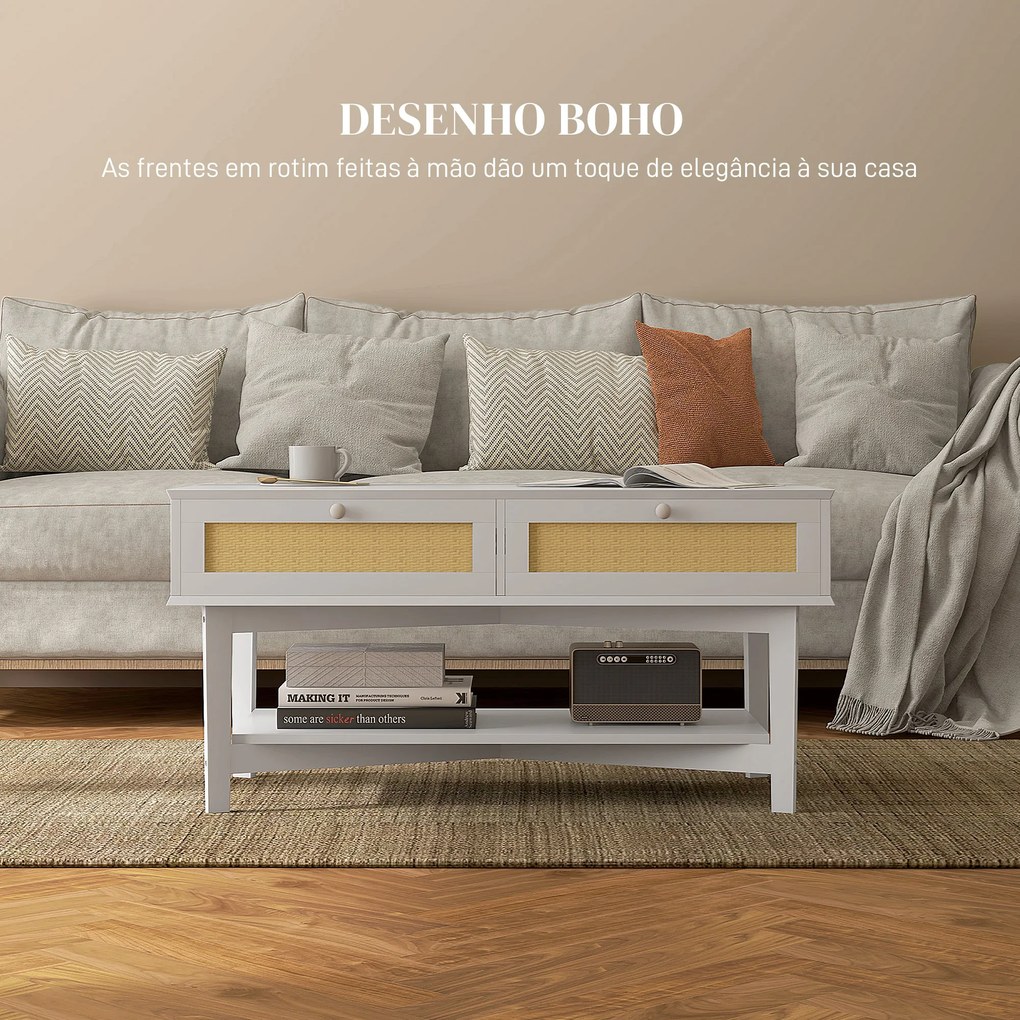 Mesa de Centro com 2 Gavetas Decorativas de Vime e Prateleira Inferior para Sala de Estar Escritório 100x50x50 cm Branco