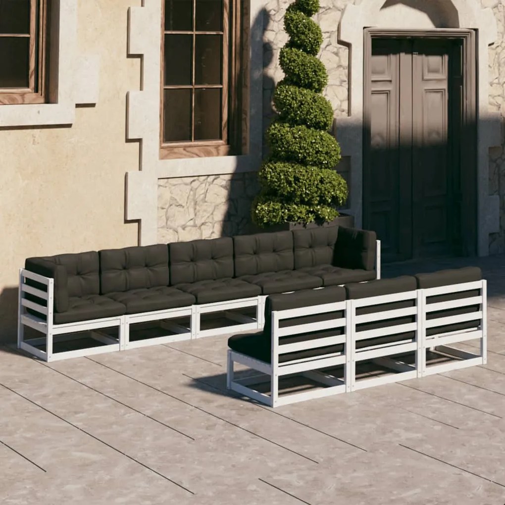 vidaXL 8 pcs conj. lounge de jardim c/ almofadões pinho maciço branco