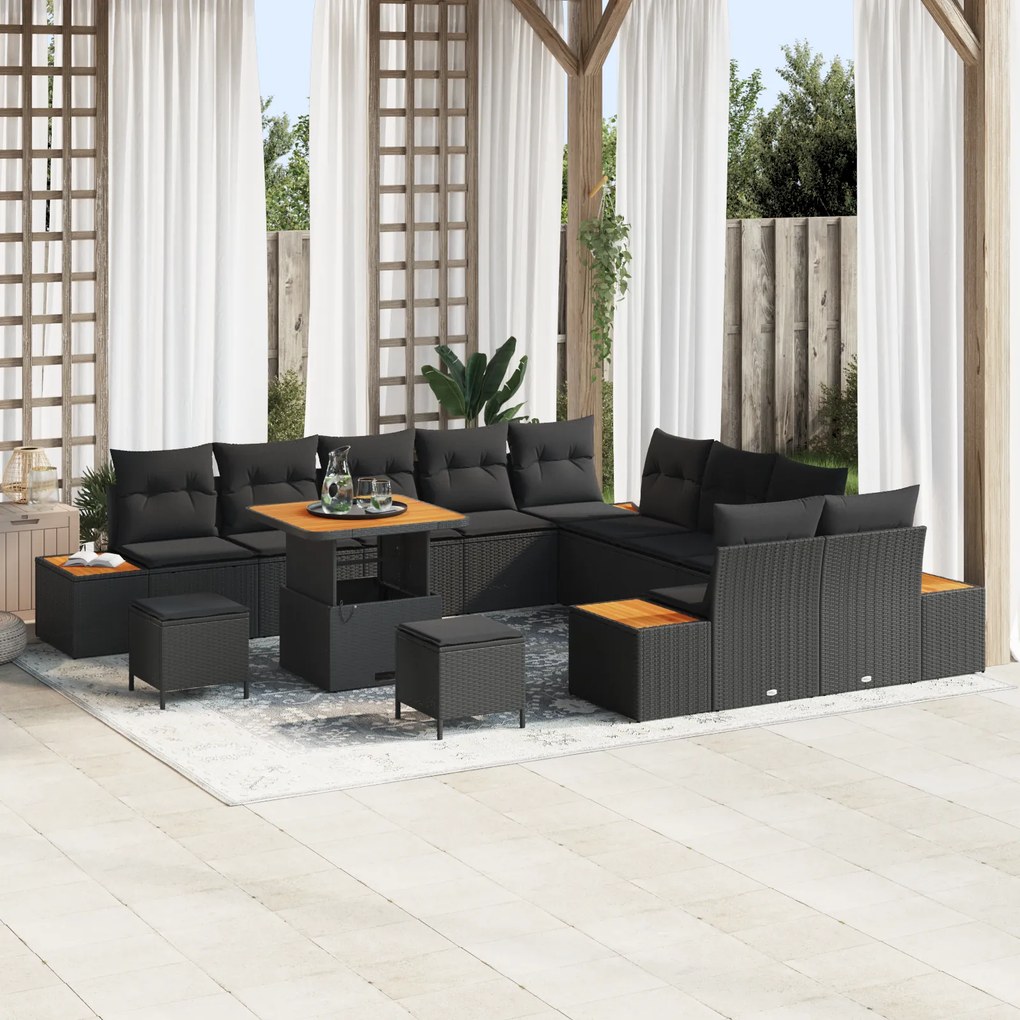 Conjunto de Sofás de Jardim vidaXL com 13 Peças com Almofadas Preto Rattan Sintético Acácia