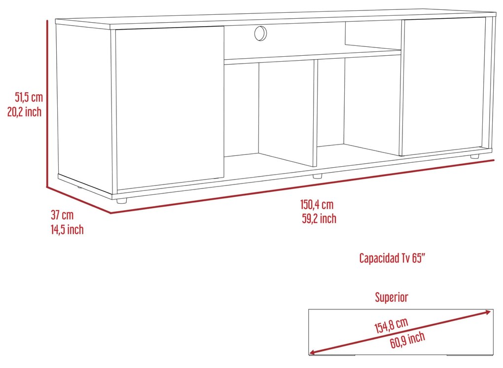 Móvel TV Prana em melamina com ampla arrumação e 3 prateleiras 150,4 x 37 x 51,5 cm  preto