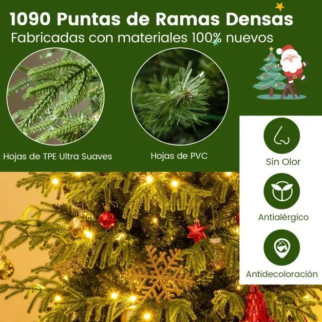 Árvore de Natal artificial de 210 cm pré-iluminada com 370 luzes LED brancas quentes 1090 ramos de PE e PVC e base metálica verde