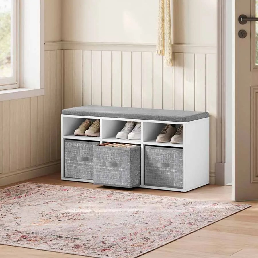 Banco para sapatos com 6 compartimentos e 3 prateleiras 30,3 x 87 x 48 cm Cinzento-branco