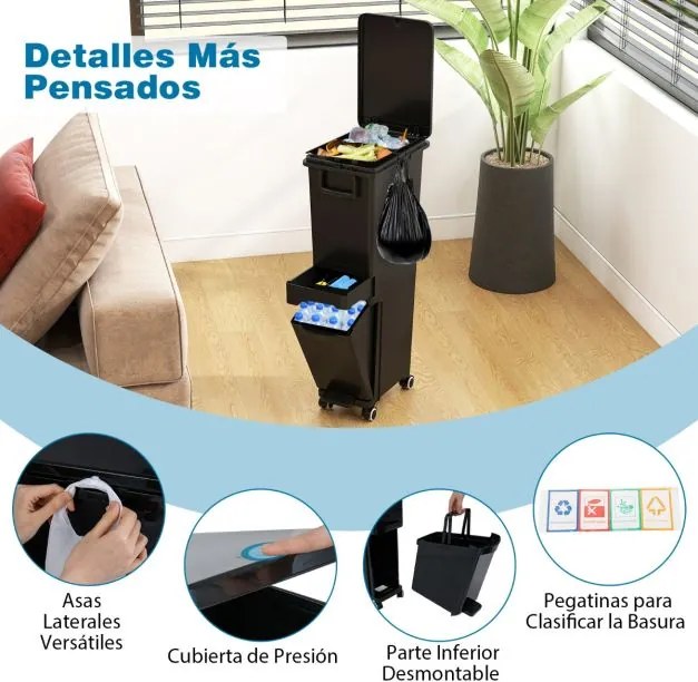 Caixote do lixo multifuncional 36 x 25 x 84 cm com 2 compartimentos e caixote inferior inclinável Preto