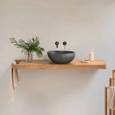 Conjunto De Móvel De Casa De Banho 130x45 Cm Suspenso Em Madeira De Teca Neill Madeira De Teca & Irregular Em Cimento Preto - Sklum