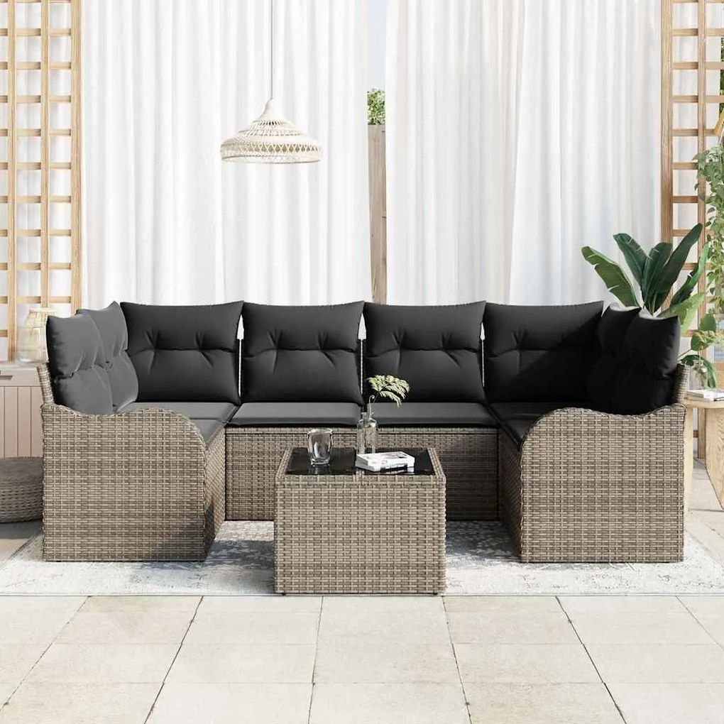 Conjunto de Sofá de Jardim 7 Peças com Almofadas em Ráfia Cinza