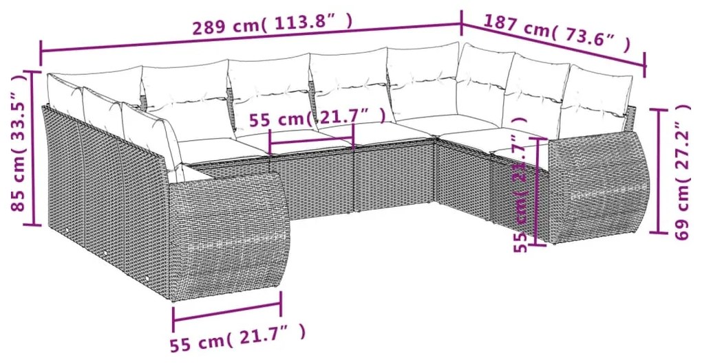 9 pcs conjunto de sofás p/ jardim com almofadões vime PE bege