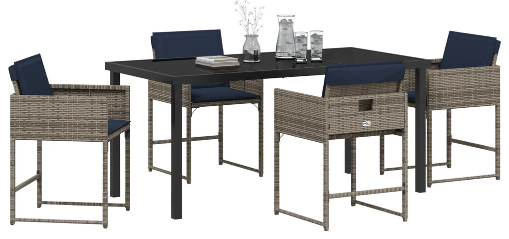 Conjunto de Jantar de Jardim de 5 Peças com Almofadas Cinzas de Rattan