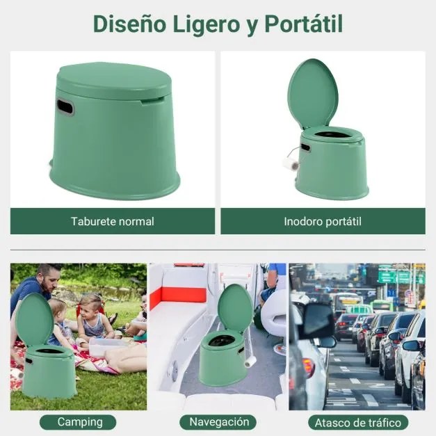 Sanita portátil 5 L para campimo 41 x 49 x 34 cm com tampa e cubo interno removível, WC portátil para viagens ao ar livre Verde