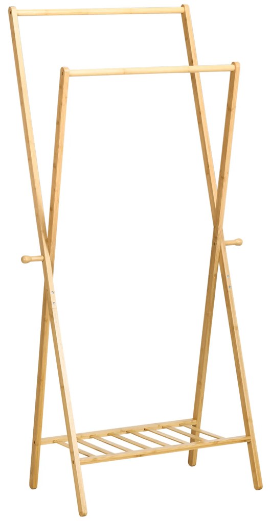 HOMCOM Suporte para Cabides de Bambu Porta Cabides com Prateleira para Sapatos 2 Barras e 2 Ganchos para Corredor Entrada Dormitório 74x42x150 cm Madeira