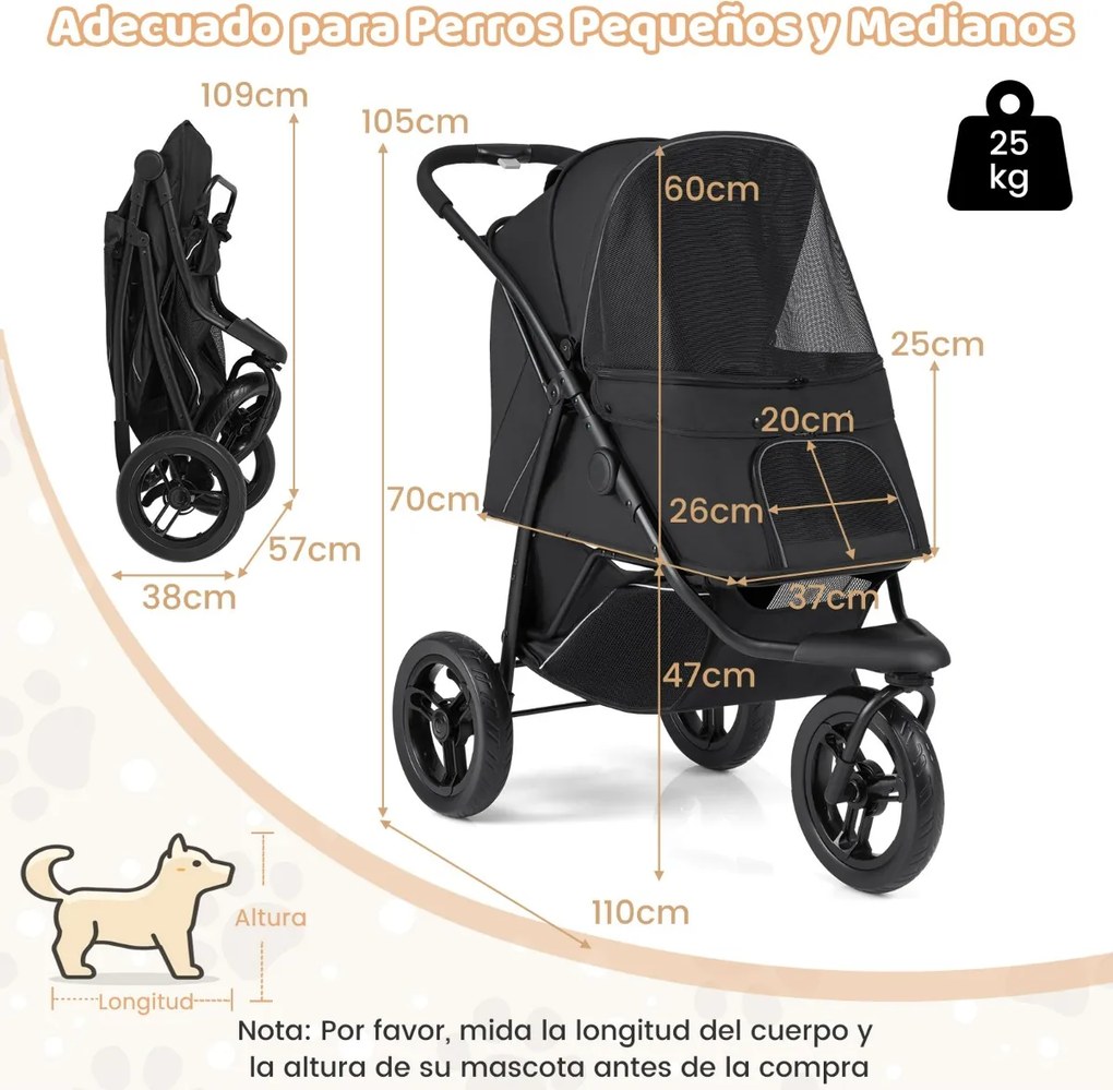 Carrinho de 3 rodas para cães pequenos e médios dobrável para animais de estimação com rodas todo-o-terreno Travão Capota ajustável Preto