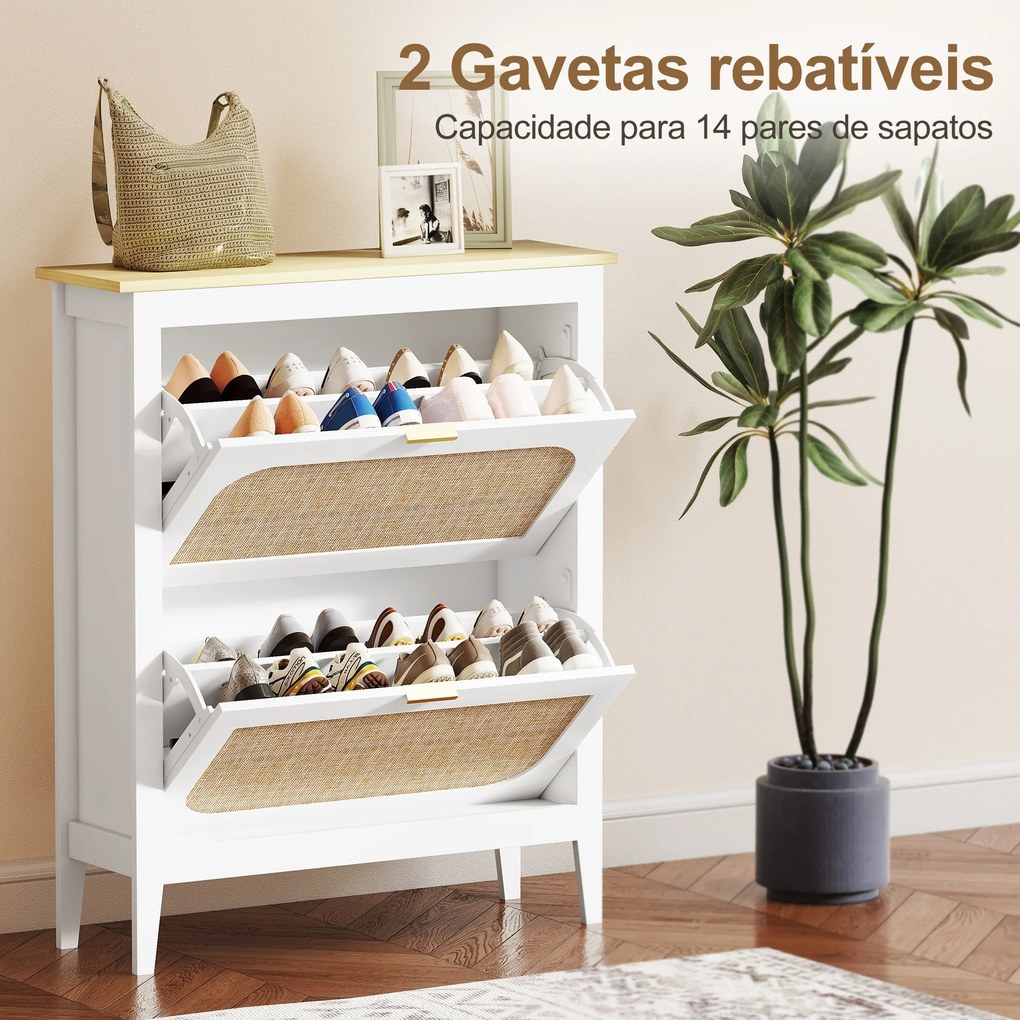 Sapateira Estreita com 2 Portas em Vime e Prateleiras Ajustáveis para 14 Pares de Sapatos 105x24x95,5 cm Branco