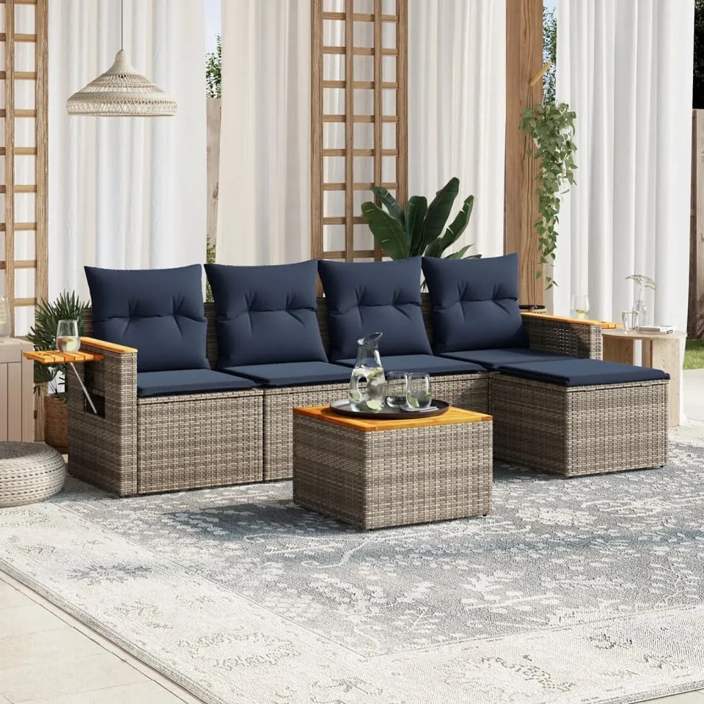 vidaXL 6 pcs conjunto sofás p/ jardim c/ almofadões vime PE cinzento