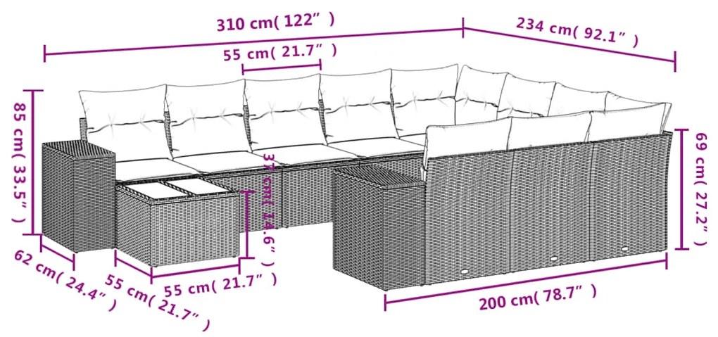 11 pcs conjunto sofás de jardim c/ almofadões vime PE cinzento