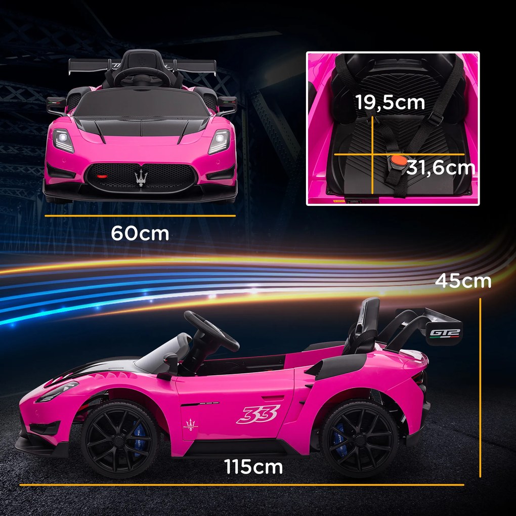 Carro Elétrico para Crianças Carro Maserati GT2 12V  com Controlo Remoto Faróis LED Buzina E Música  115x60x45 cm rosa