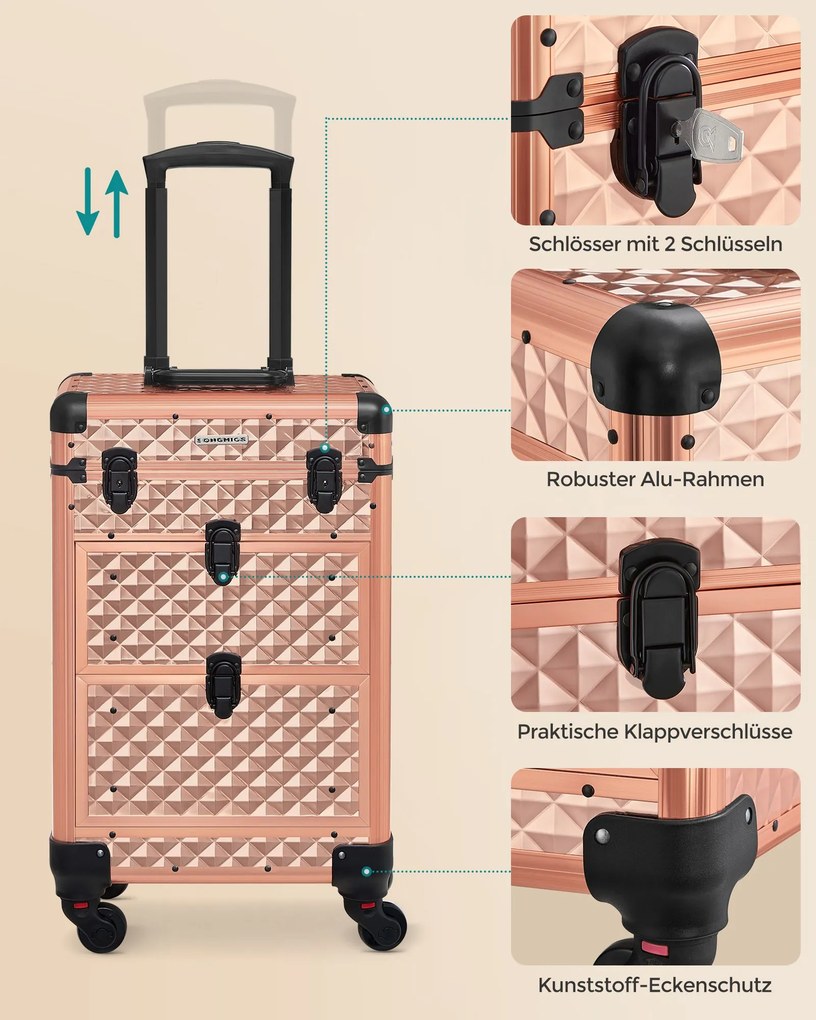 Mala de cosméticos trolley estojo de cabeleireiro 34 x 24 x 56 cm champanhe dourado