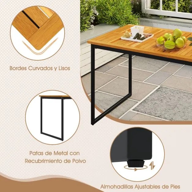 Mesa de jardim em madeira de acácia retangular, 140 cm para 6 pessoas (CADEIRAS NÃO INCLUIDAS), estrutura em metal e buraco natural e preto