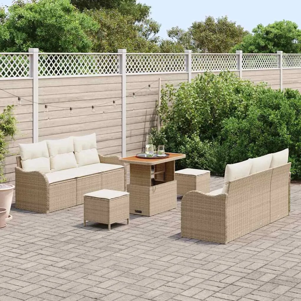 Conjunto de sofá pra jardim com 9 peças e almofadas bege de ratan sint