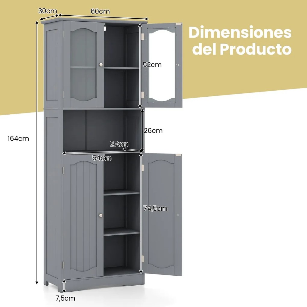 Armário alto 60 x 30 x 164 cm de armazenamento para casa de banho, despensa cozinha ou sala com portas de vidro fosco cinza