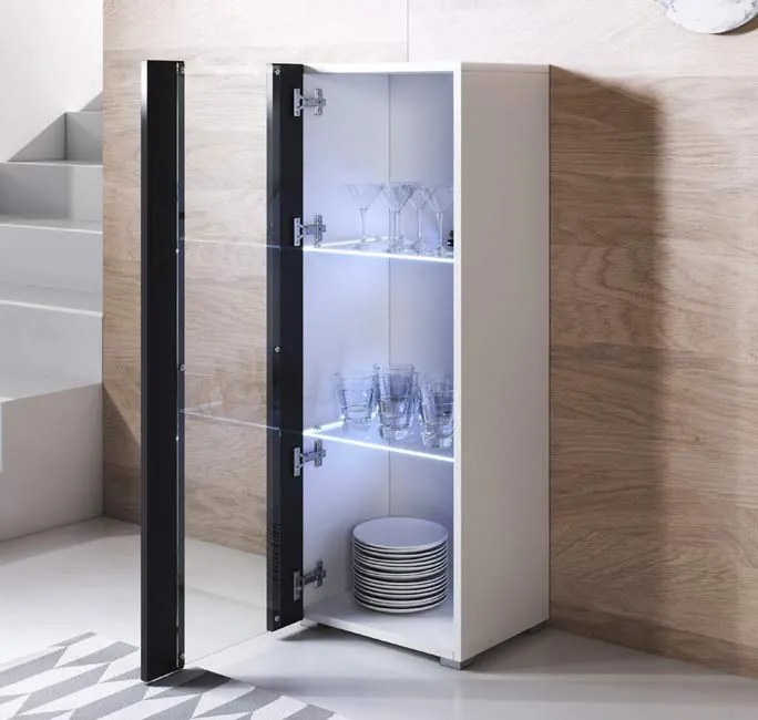 Vitrine Alta Fajões – 40x128 cm – Branco e Preto com LED Azul – Com Pé