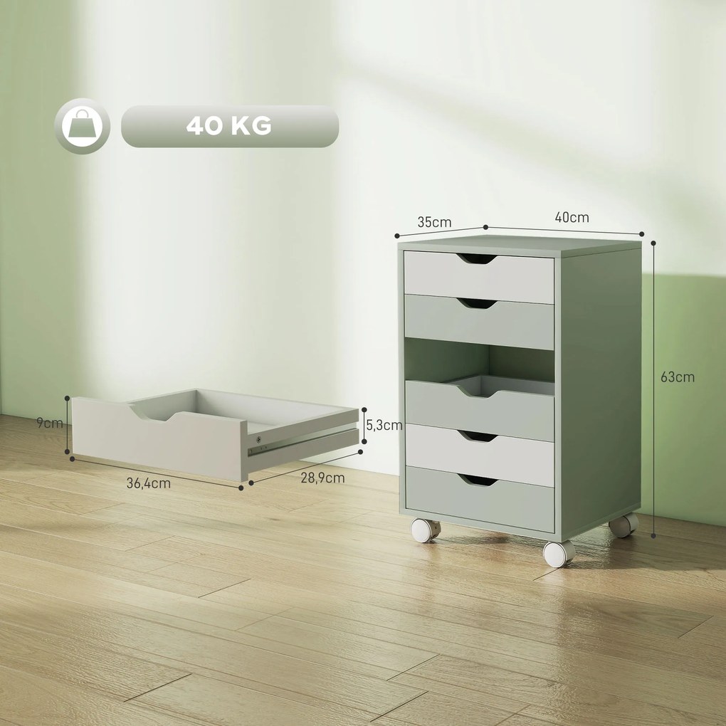 Bloco de Gavetas Móvel Arquivador com 6 Gavetas Suporte para Impressora com Rodas 40x35x63 cm Verde e Branco