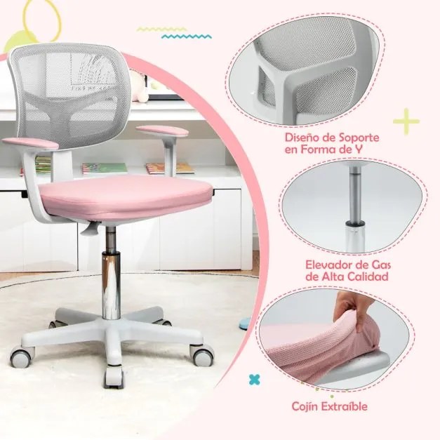 Conjunto 2 em 1 de secretária e cadeira para crianças Secretária ajustável em altura e ângulo com cadeira ergonómica giratória Rosa