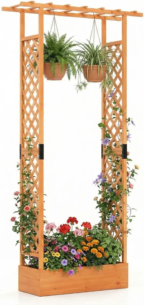 Floreira de jardim 110 x 35 x 227 cm elevada em madeira com treliça, teto suspenso, orifícios de drenagem, abeto, para plantas trepadeiras, laranja