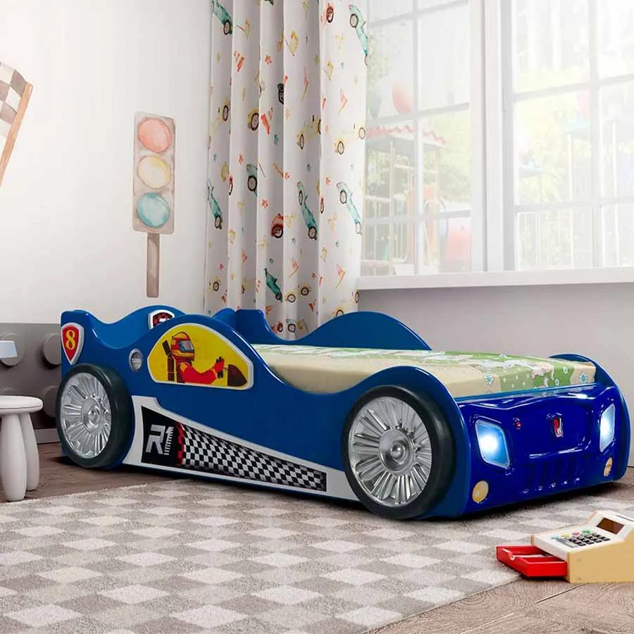 Cama para criança, Carro de Corrida Monza Grande Com Luzes LED, Oferta colchão e estrado 205 x 115 x 62 cm Azul