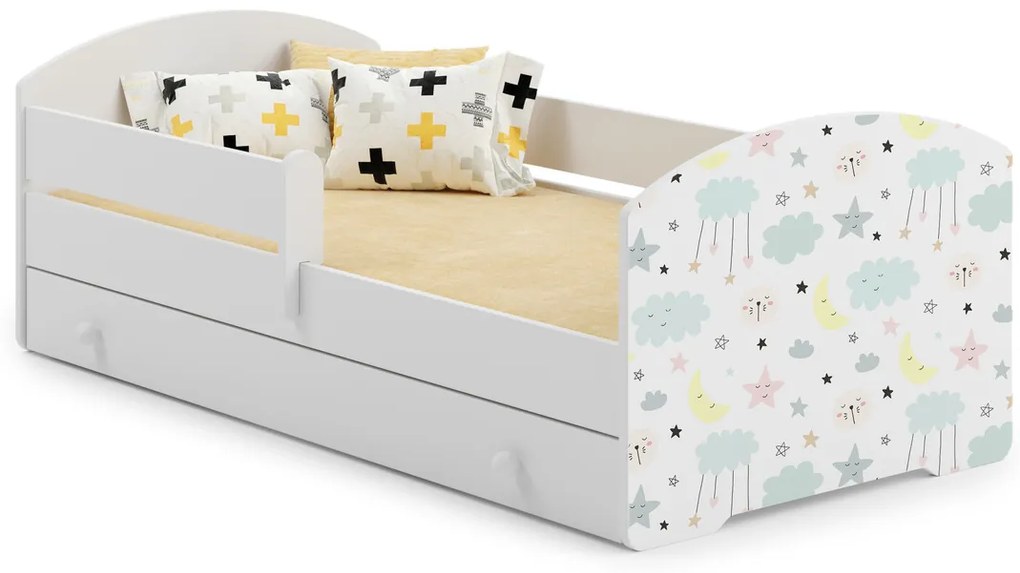 Cama infantil branca LUK estrelas 140x70 com gaveta - colchão e estrado incluído