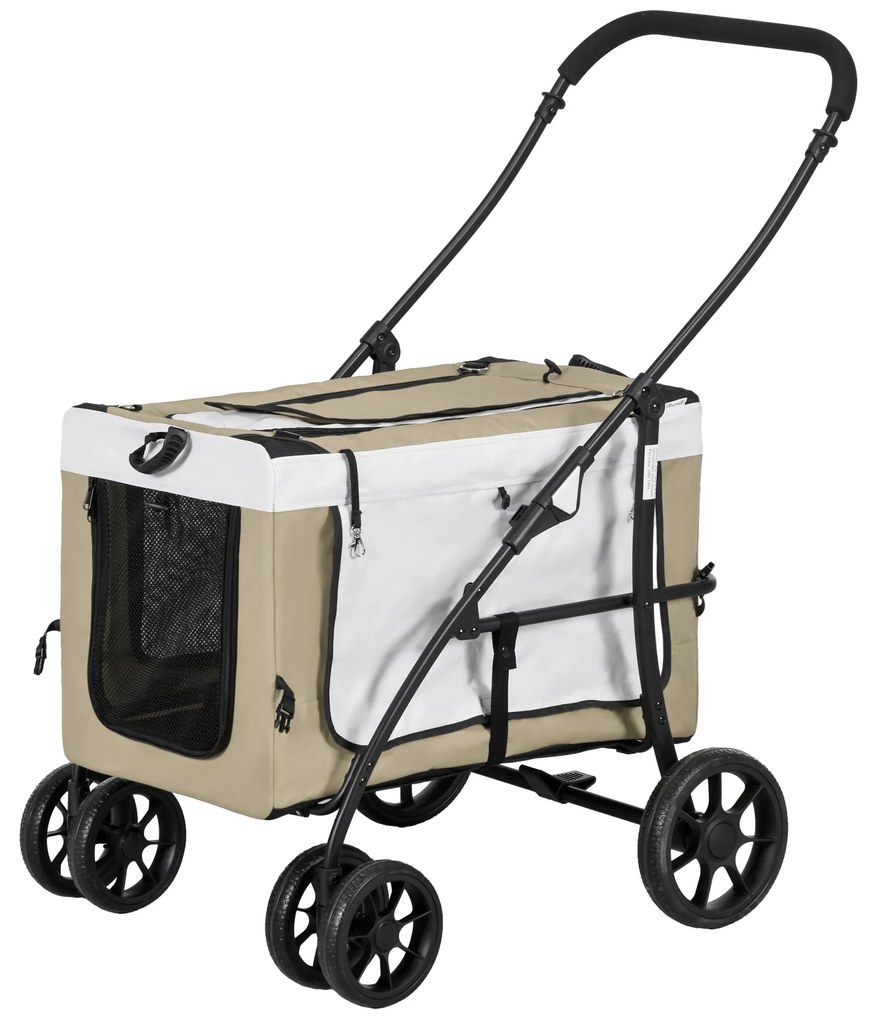 Carrinho para Animais de Estimação Carrinho para Cães Dobrável com Compartimento Desmontável 4 Portas 81x58x97,5 cm Cáqui