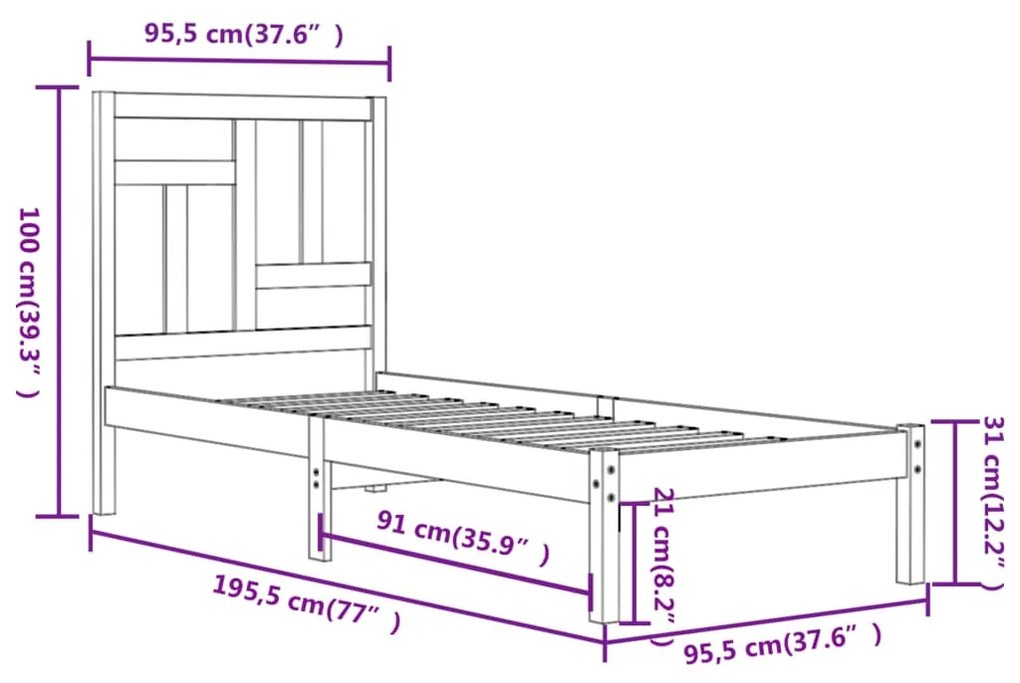 Estrutura cama solteiro 90x190 cm pinho maciço branco