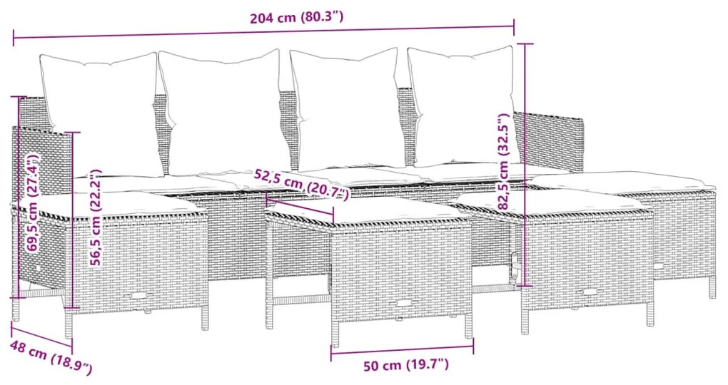 5 pcs conjunto de sofás p/ jardim com almofadões vime PE bege