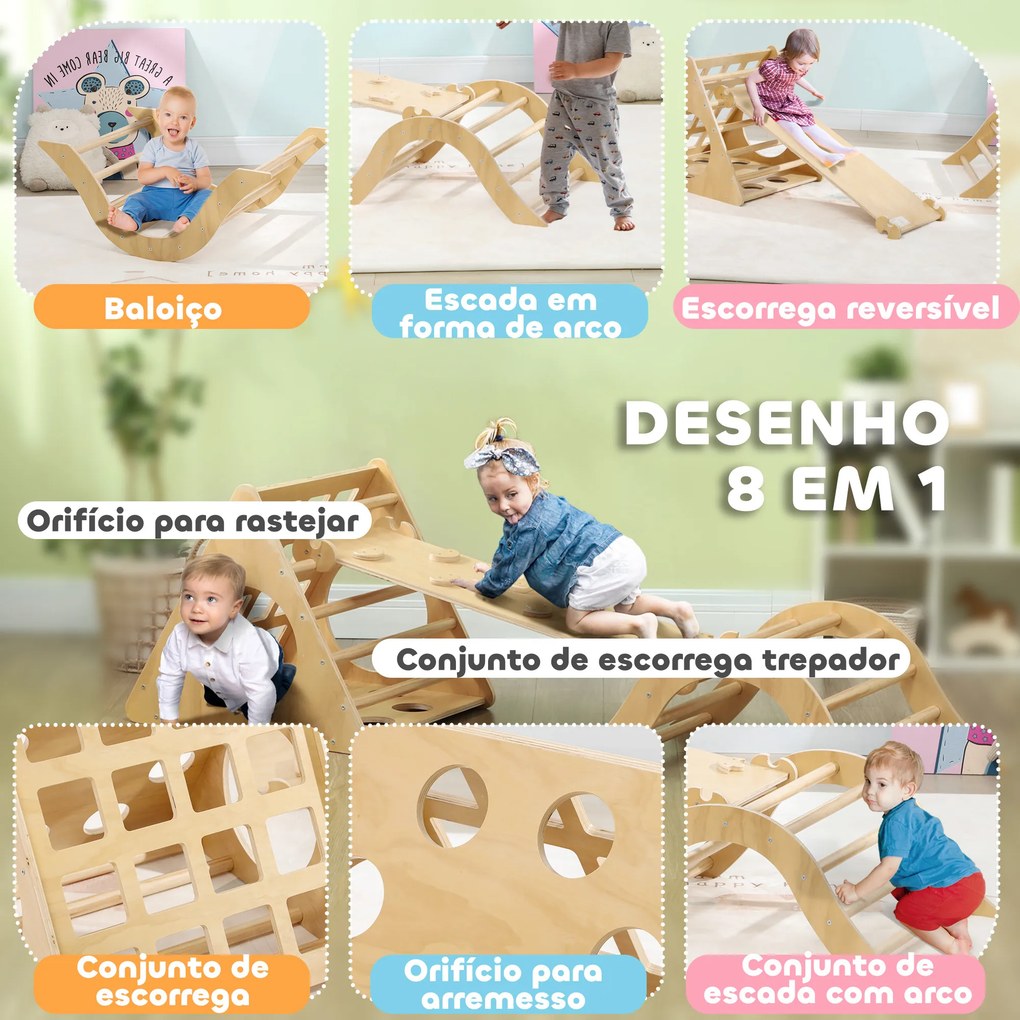 Triângulo de Escalar de Madeira 8 em 1 Jogo de Aprendizagem com Rampa Escada em Forma de Arco 175x59,5x60 cm Madeira