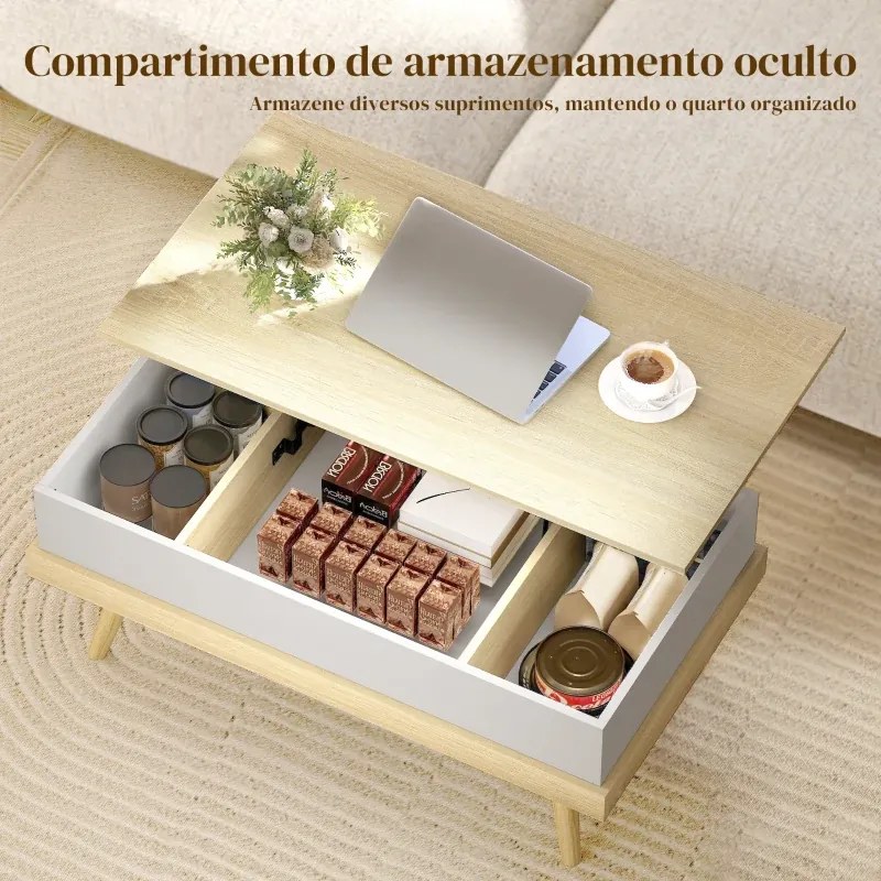 Mesa de Centro Elevatória com 3 Compartimentos de Armazenamento Ocultos e Pés de Madeira 100x79x54 cm Madeira e Branco