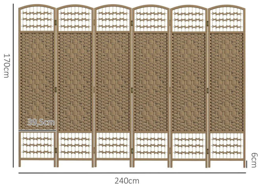 Biombo de 6 Painéis Separador de Ambientes 240x170 cm Divisor de Habitação Dobrável de Corda de Papel Madeira