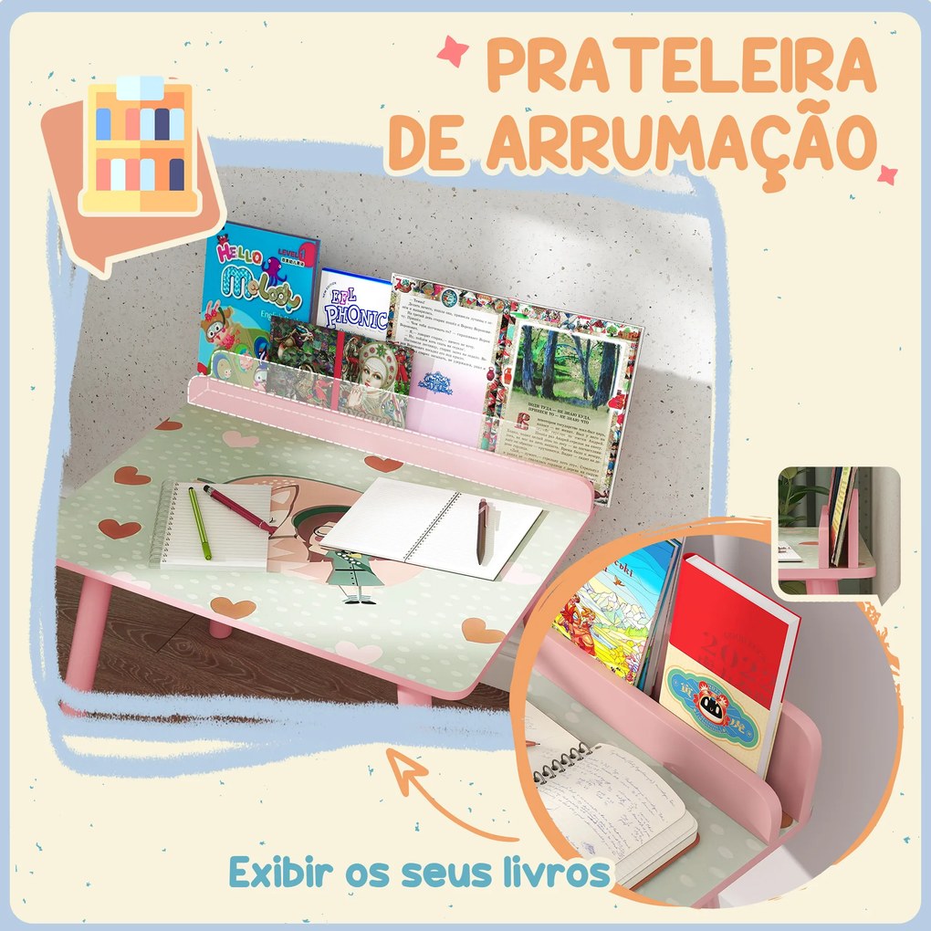 Mesa e Cadeira para Crianças com Prateleira para Livros Secretária para Crianças acima de 3 Anos Rosa
