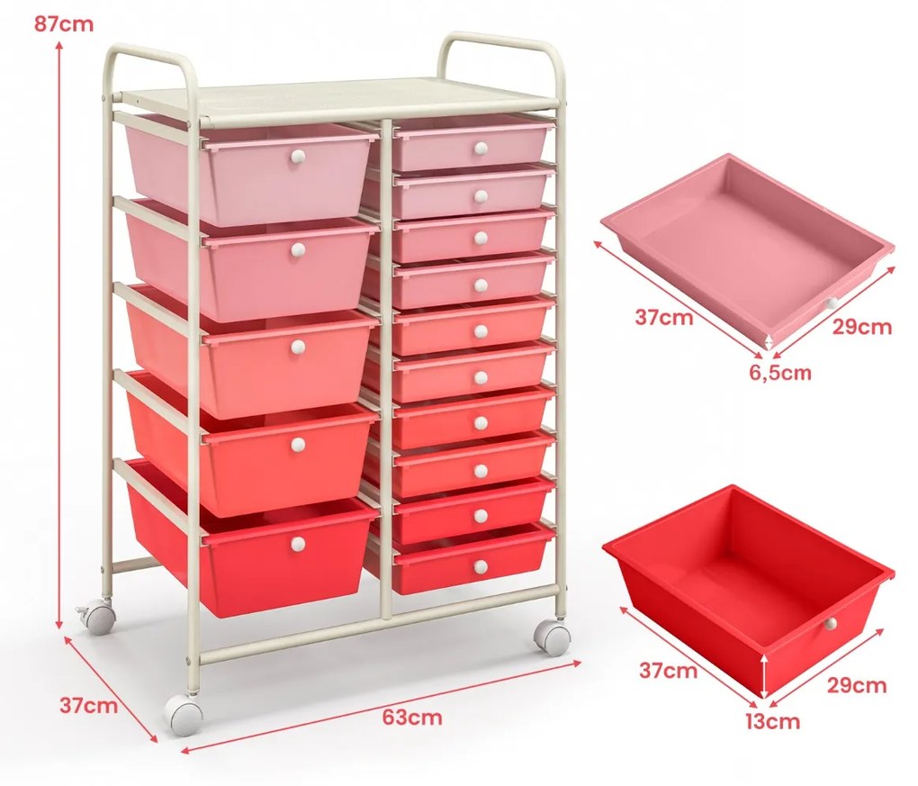 Carrinho Multiuso com Gavetas Removíveis e Rodas com Trava Acessórios Organizador 63 x 37 x 87cm Rosa