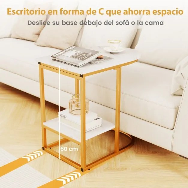 Mesa lateral moderna 60 x 40 x 60 cm em forma de C com tampo em mármore artificial e prateleira Branco + Dourado