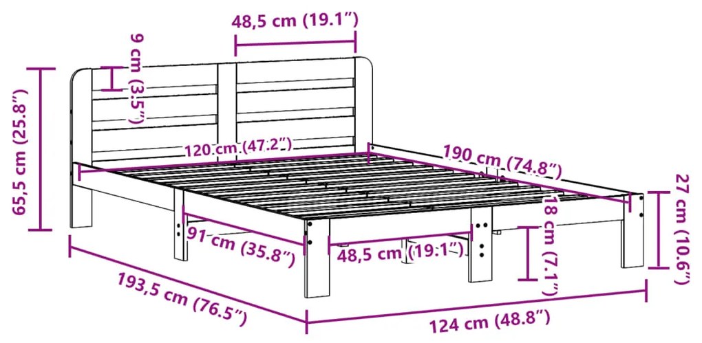 Cama sem colchão 120x190 cm madeira de pinho maciça branco