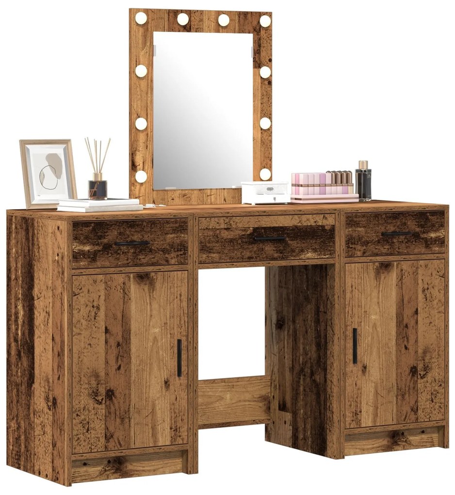 Conjunto de Mesa de Cômoda de 3 Peças com LED em Madeira de Engenharia