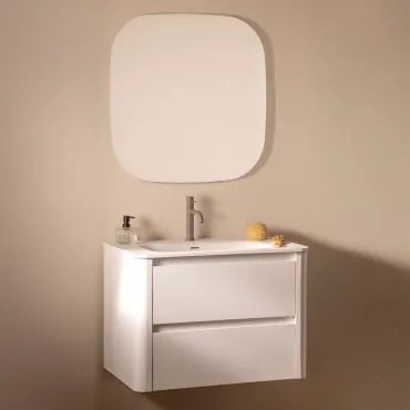 Conjunto De Móvel De Casa De Banho Suspenso Em Madeira Com Lavatório Integrado Egerton Branco & Quadrado Led E Anti-embaciamento 75x75 Cm - Sklum