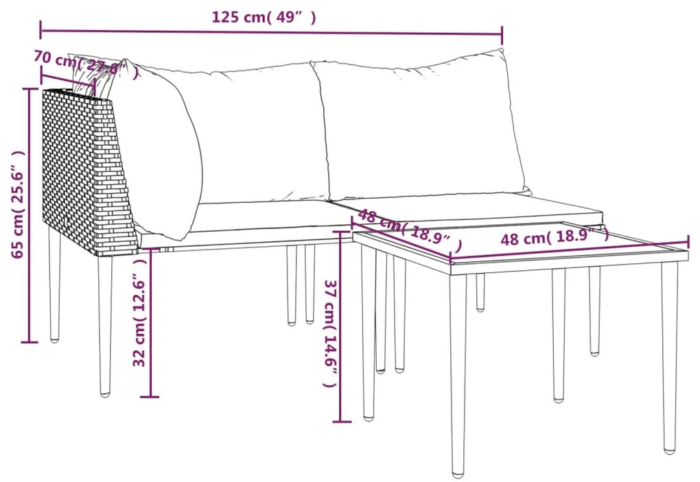 3 pcs conjunto lounge de jardim c/ almofadões vime PE cinzento