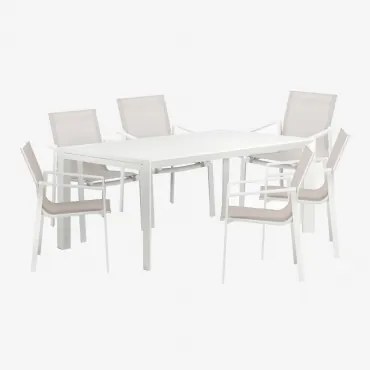 Conjunto De Mesa Extensível Retangular Starmi, 180-240x100 Cm, Feito De Alumínio E 6 Cadeiras De Jardim Eika. Gardénia Branco - Sklum